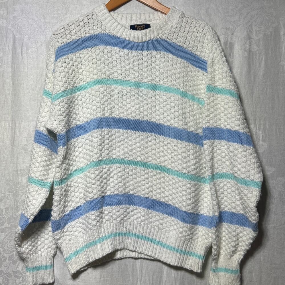 Vintage Private Club Sweater Medium White Striped 3D Chunky Knit Boxy Cotton USA